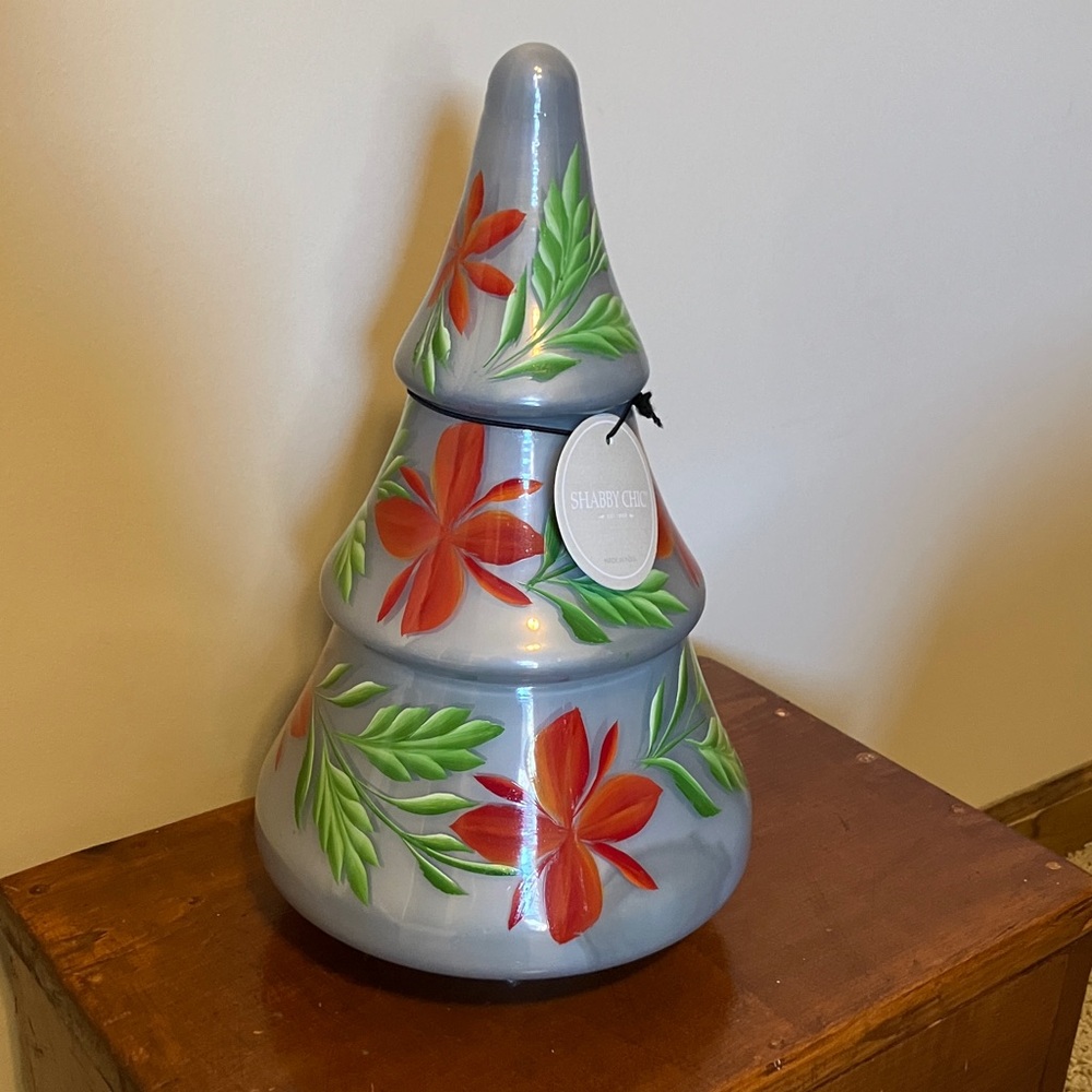 Shabby Chic Gray Glass Tree w/ Red & Green Floral Design